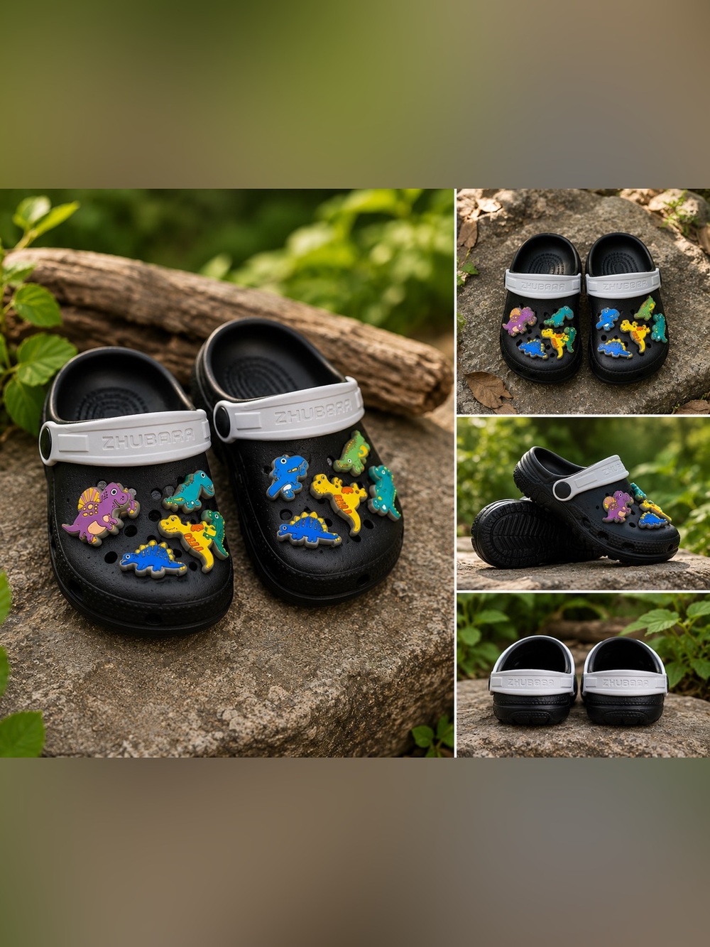 Kids Black Crocs Style Clog Sandals with White Strap and Colorful Dino Charms